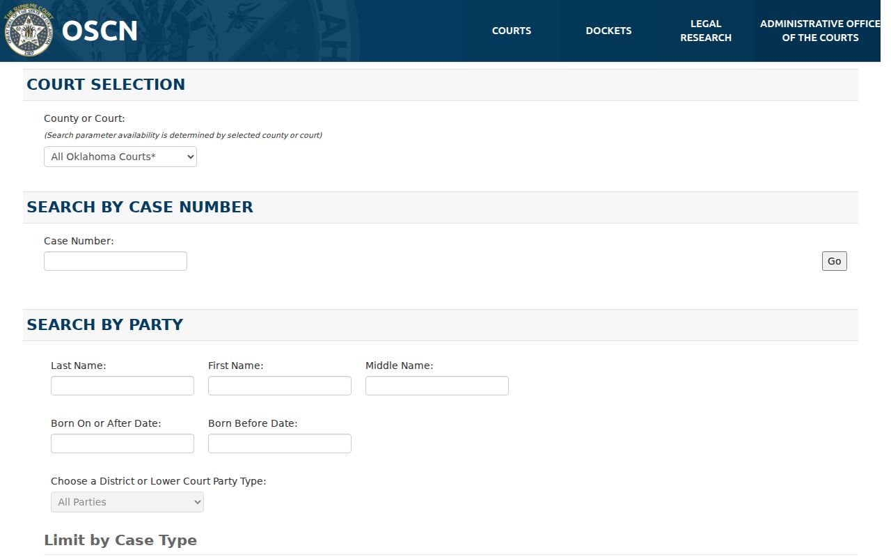 Love County court party search fields