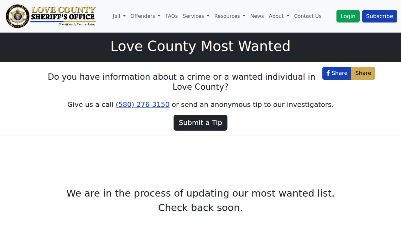 Love County Sheriff official Most Wanted notice
